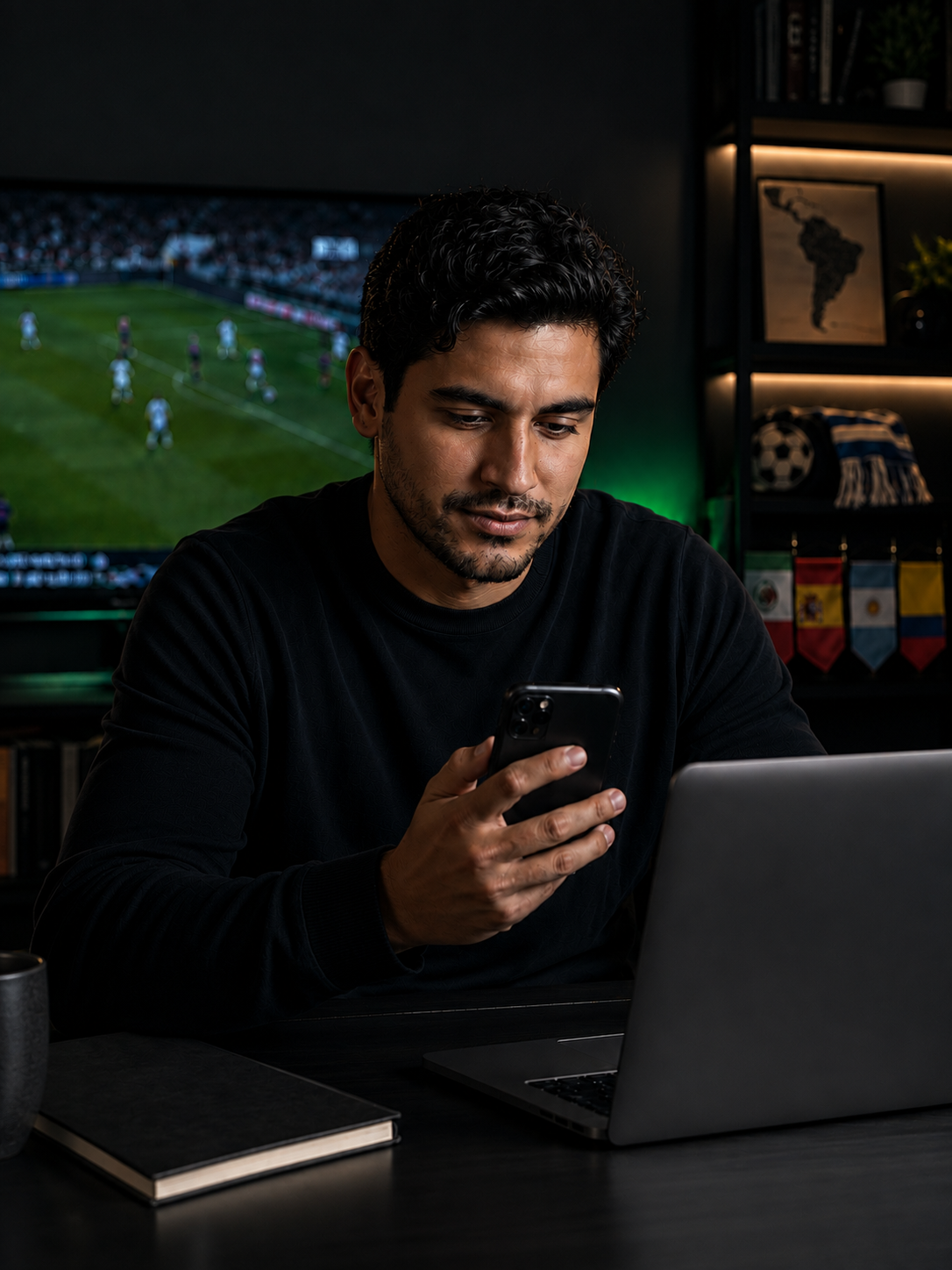 Usuario analiza apuestas deportivas online desde el móvil junto a un portátil