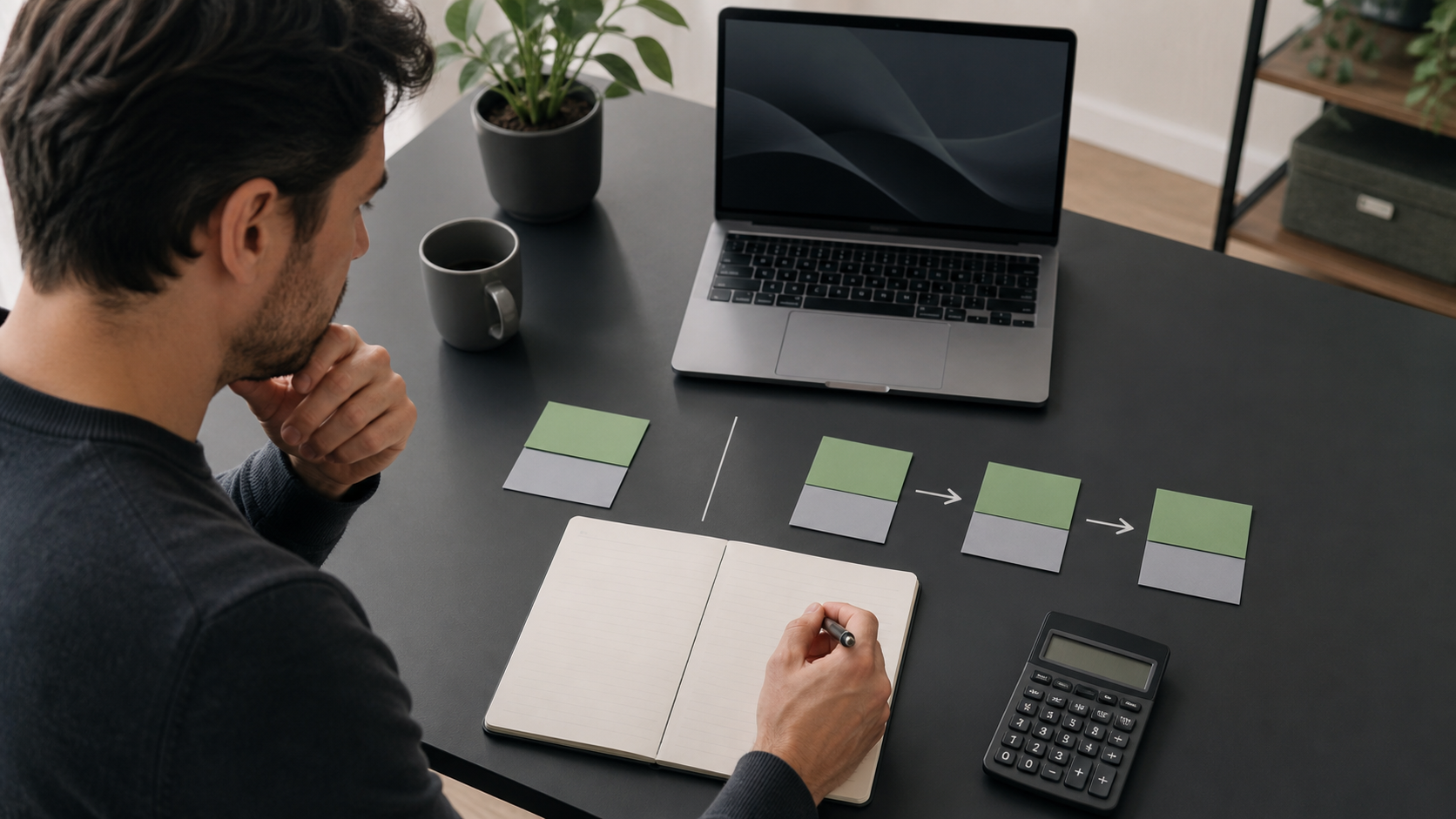 Persona adulta compara una promoción de un depósito con otra dividida en tres tramos usando una libreta y calculadora.
