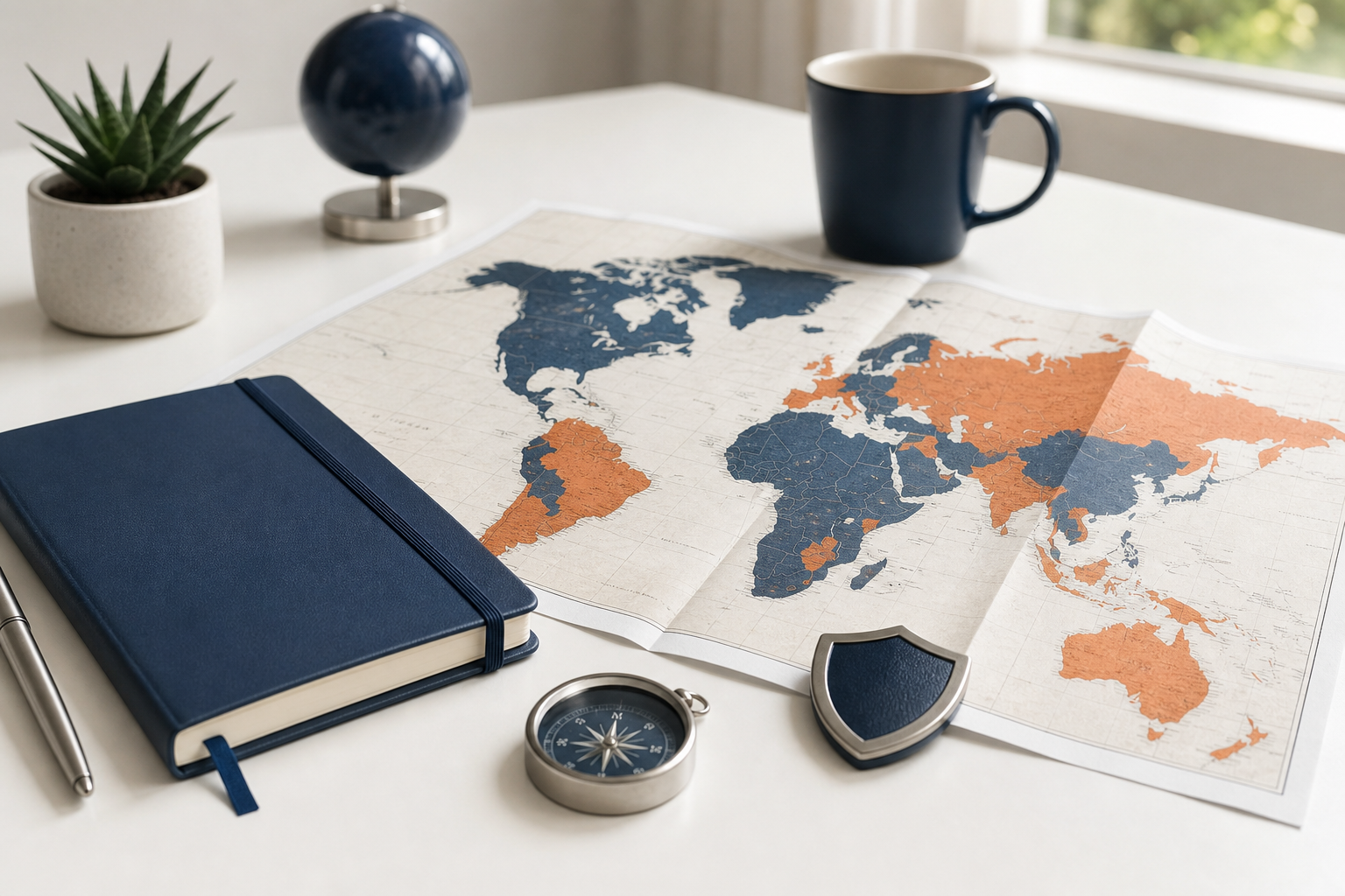 Mapa mundial, brújula y escudo para orientar la elección de una guía local