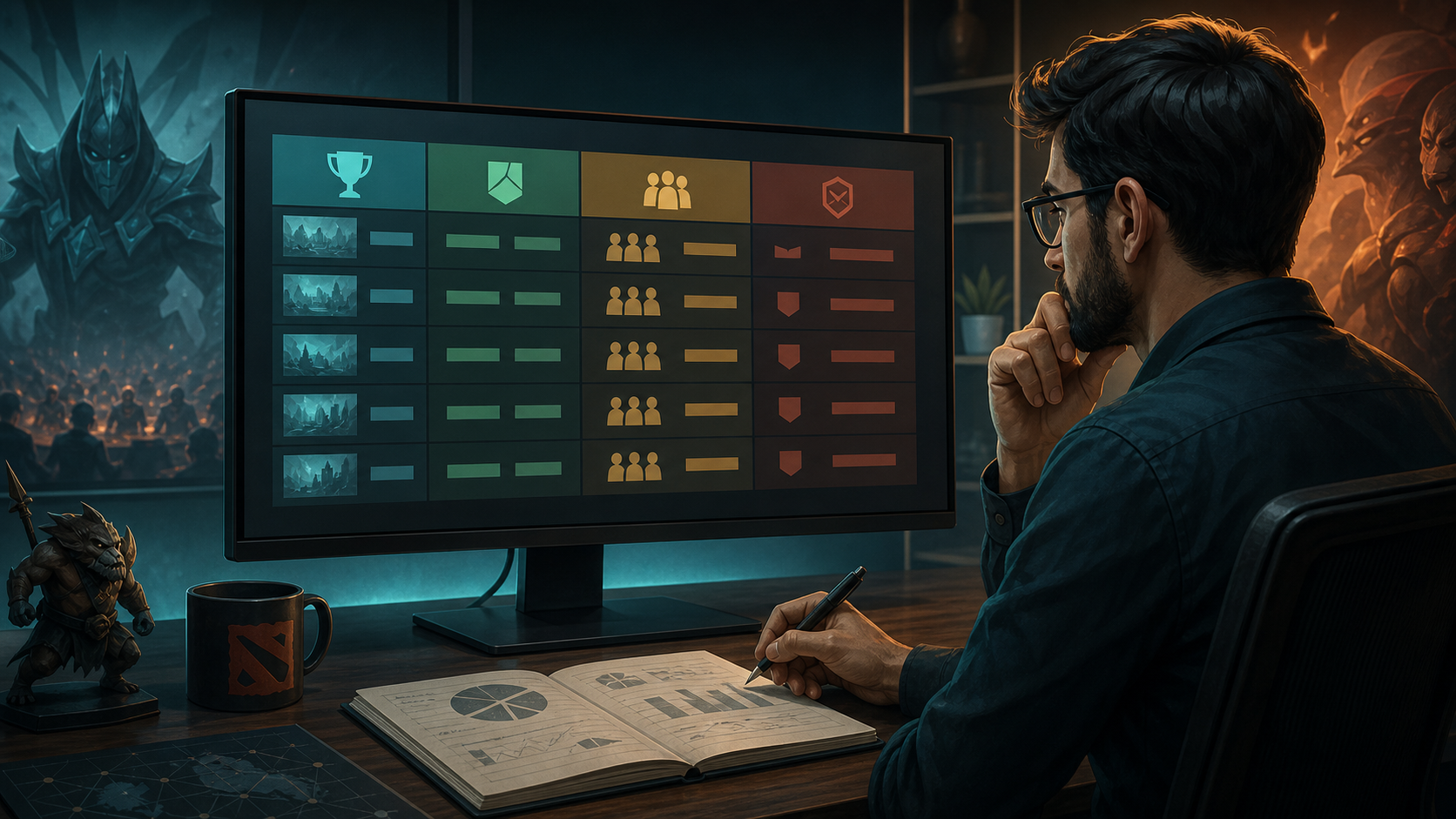 Persona adulta comparando fuentes y datos de una competicion de Dota 2