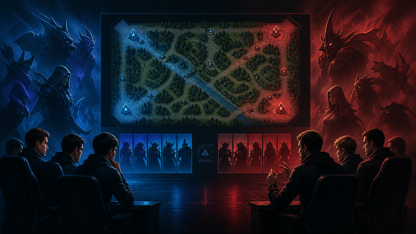 Ilustracion editorial de un draft competitivo de Dota 2 sobre un mapa tactico