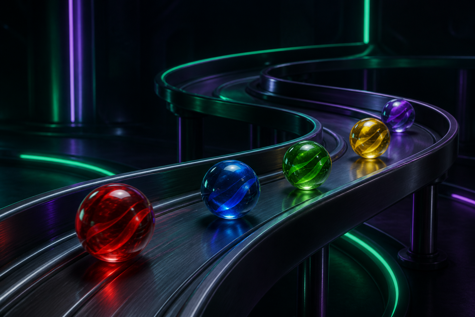Cinco canicas de colores recorren una pista de carreras iluminada