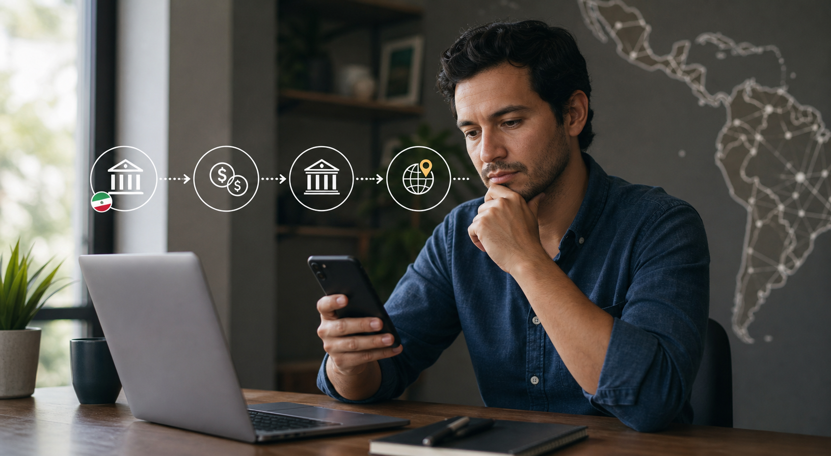 Persona adulta comparando moneda e intermediarios de un pago online internacional
