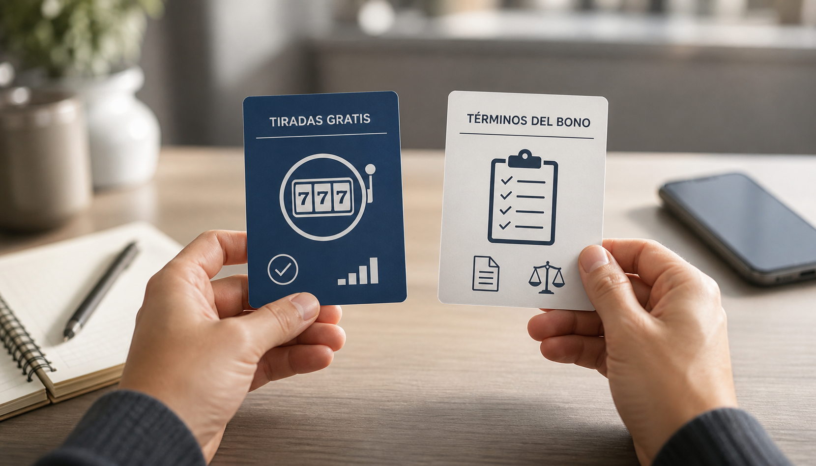 Persona adulta comparando giros gratis y saldo de bono con sus condiciones
