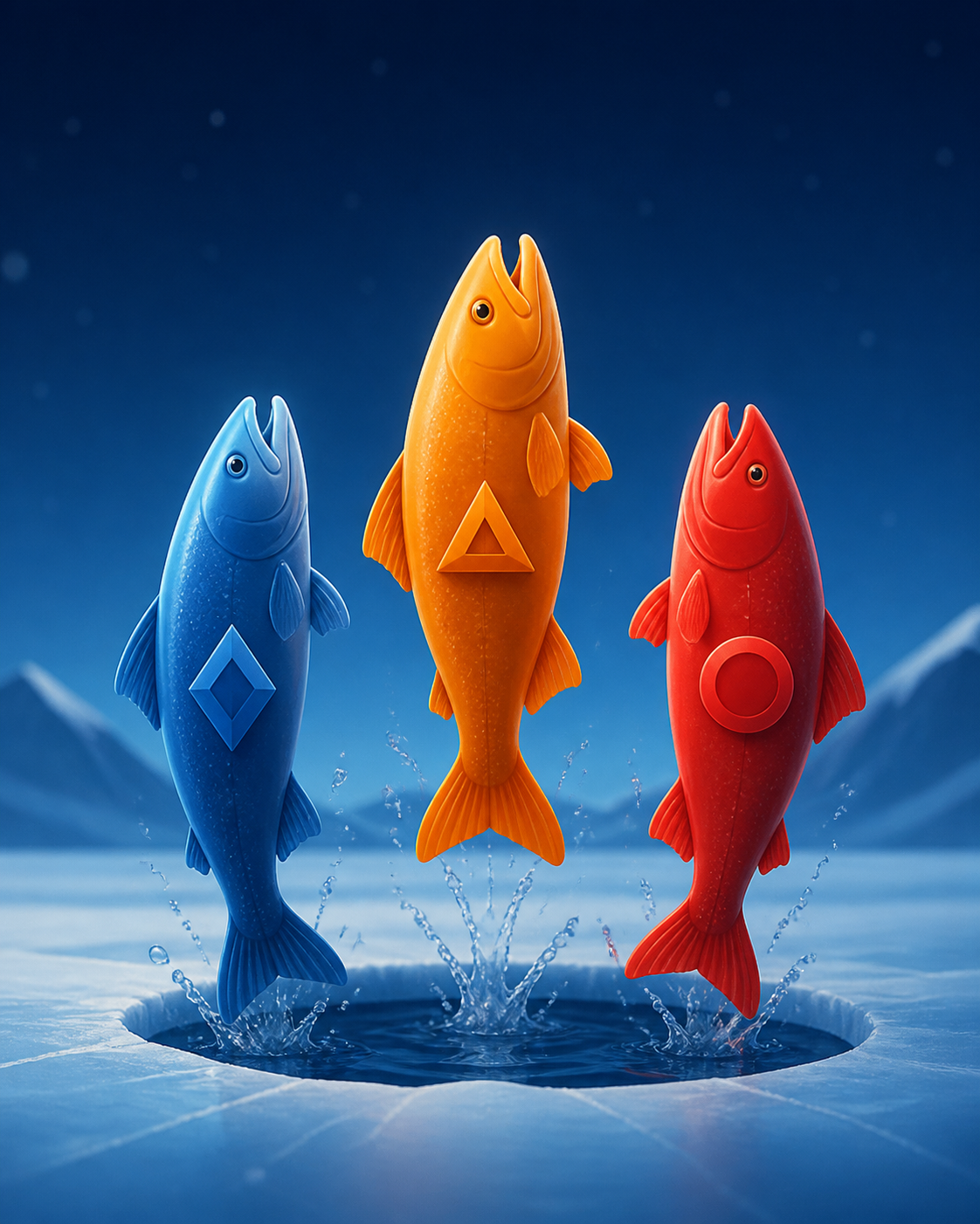 Ilustración de tres peces de colores que representan los bonus de Ice Fishing