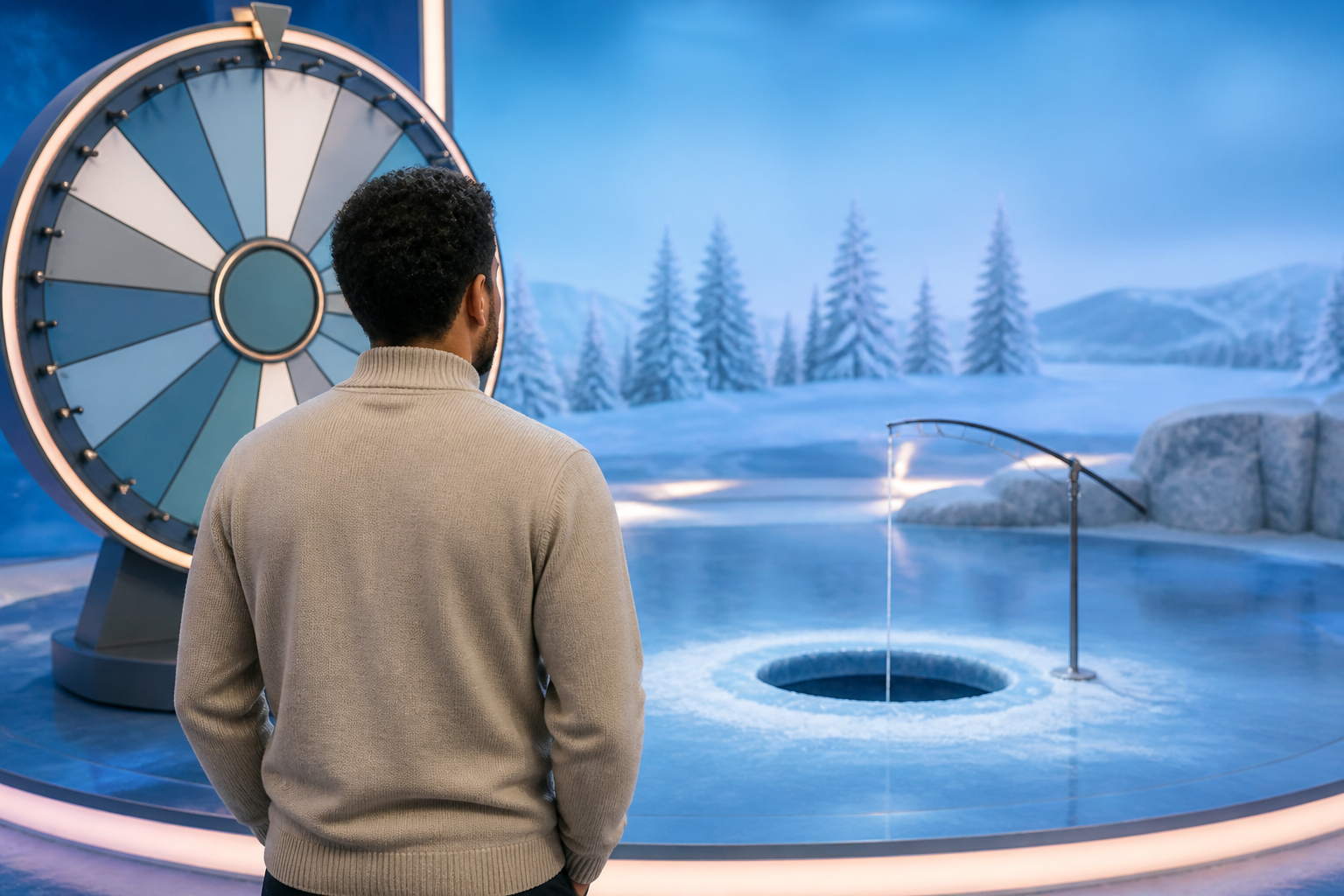 Jugador adulto frente a una rueda de game show con escena de pesca en hielo