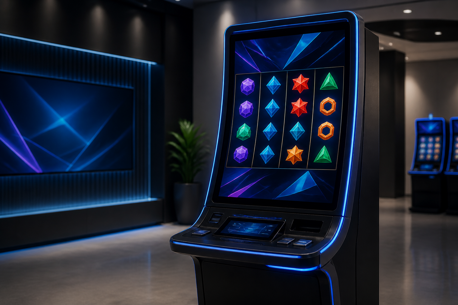 Gabinete de tragamonedas de tecnología Novomatic en un entorno de casino