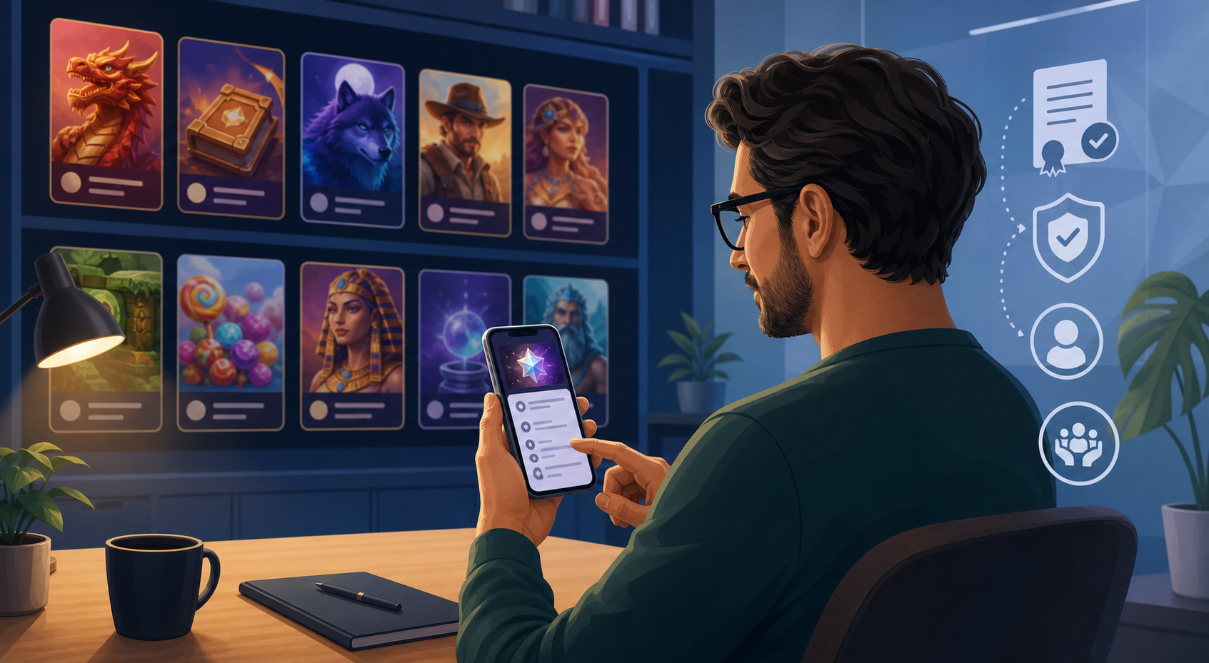 Persona adulta revisando la información y disponibilidad de un juego de casino en el móvil