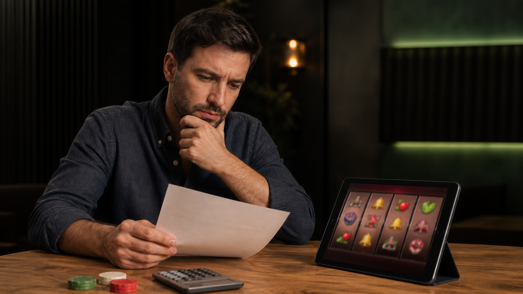 Persona adulta comparando el premio máximo y las reglas de una tragamonedas en una tableta