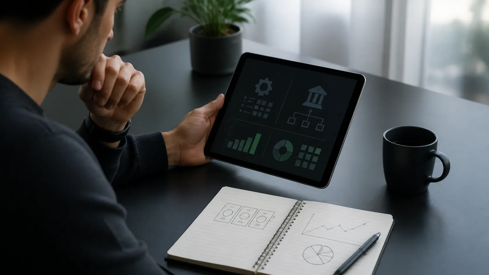 Persona adulta comparando información de tragamonedas en una tableta