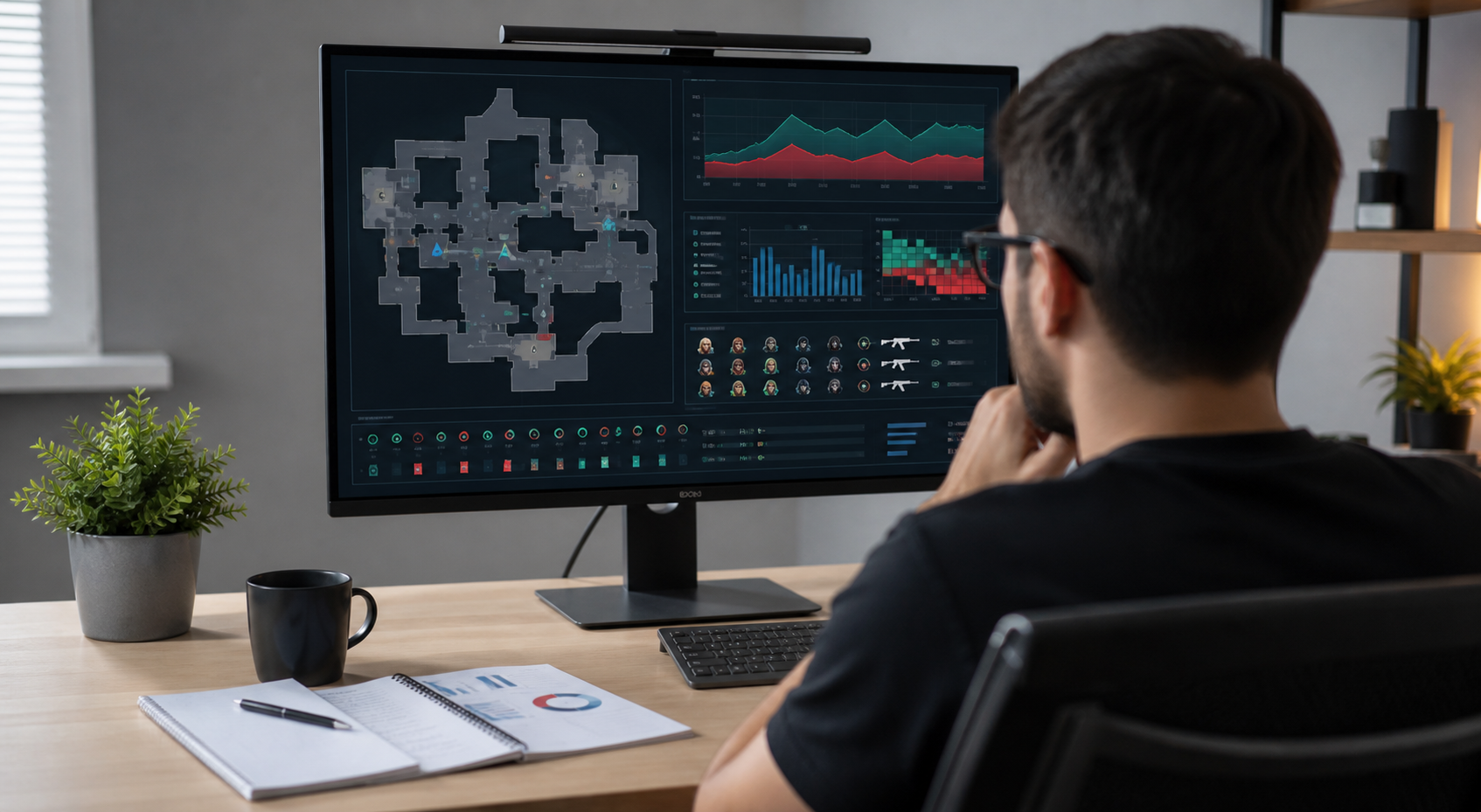 Persona adulta revisando mapas y estadisticas de una serie de VALORANT