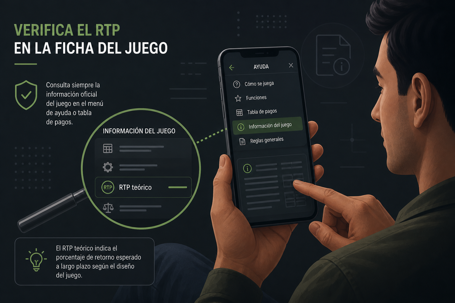 Persona adulta revisando el RTP en la ayuda de una tragamonedas móvil