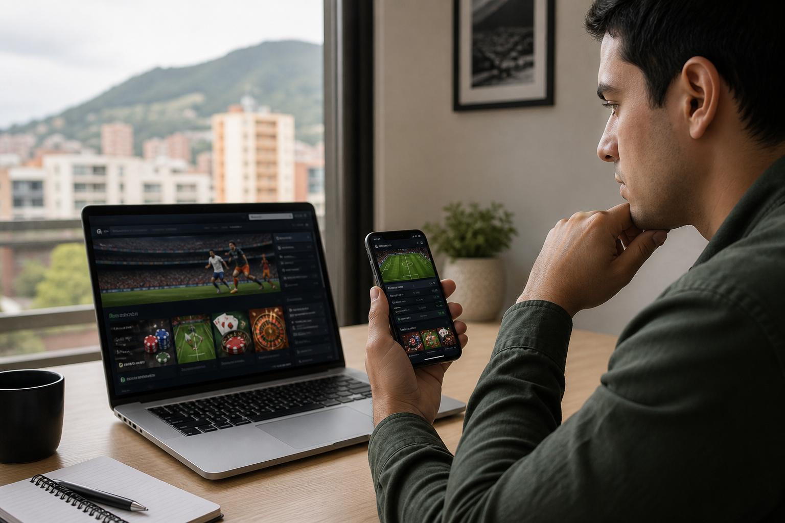 Persona adulta revisando condiciones y productos de YaJuego en Colombia desde un dispositivo móvil