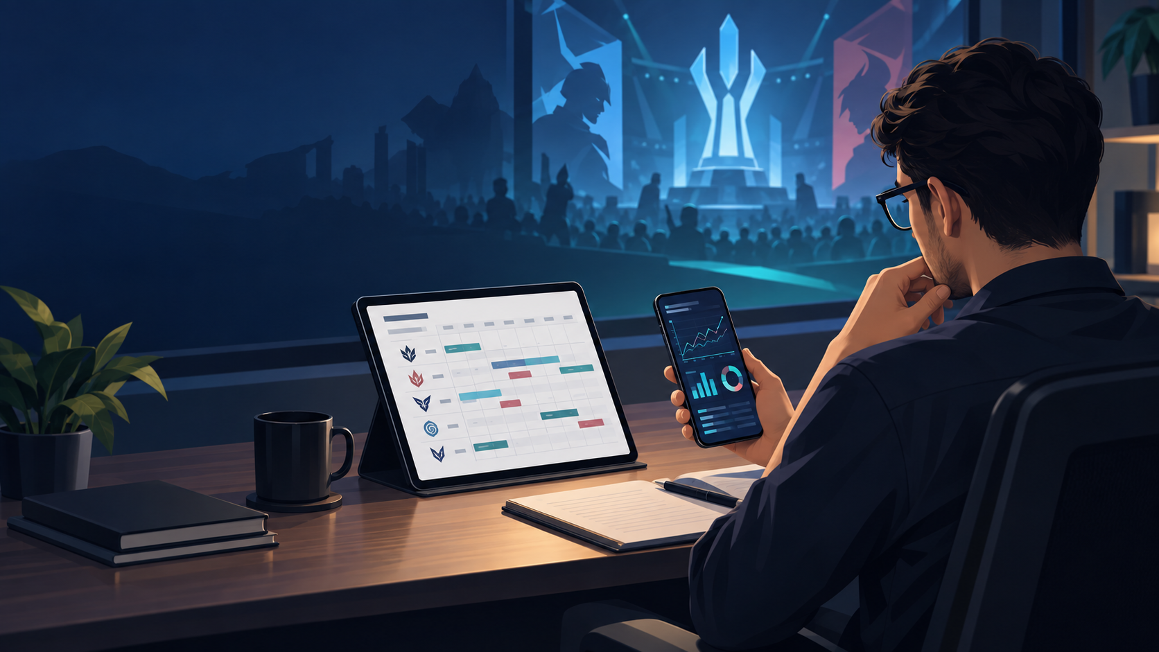 Persona adulta revisando datos y calendario de una competición de Arena of Valor