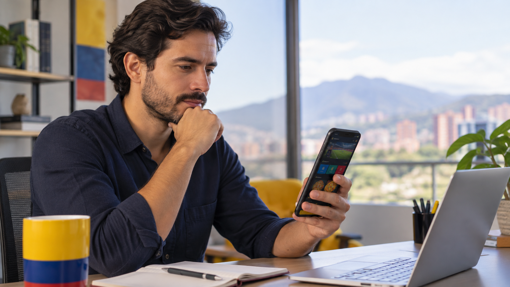 Persona adulta revisando desde el móvil una plataforma de apuestas disponible en Colombia