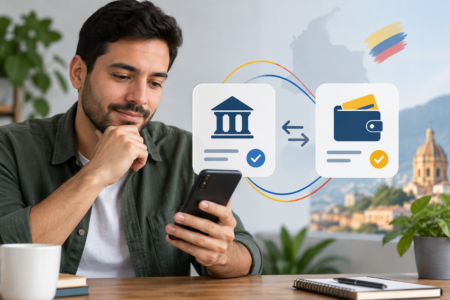 Ilustracion editorial de metodos de pago digitales para apuestas online en Colombia