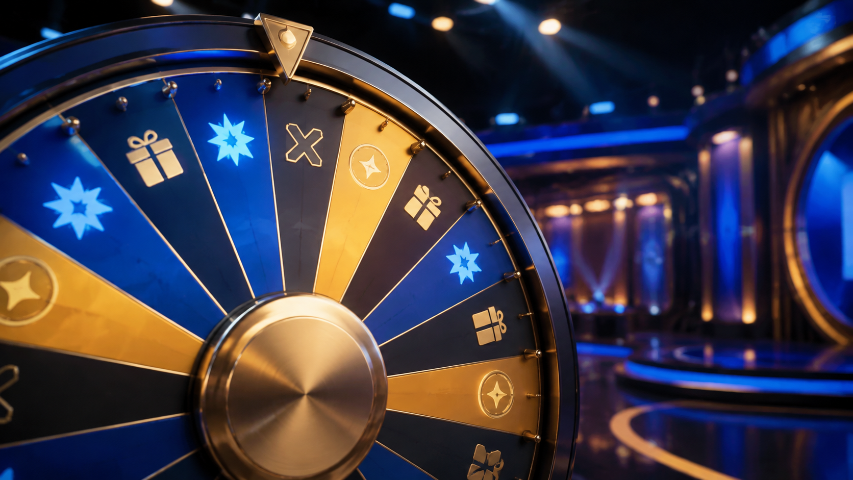 Rueda segmentada con bonus y multiplicadores en un game show de casino