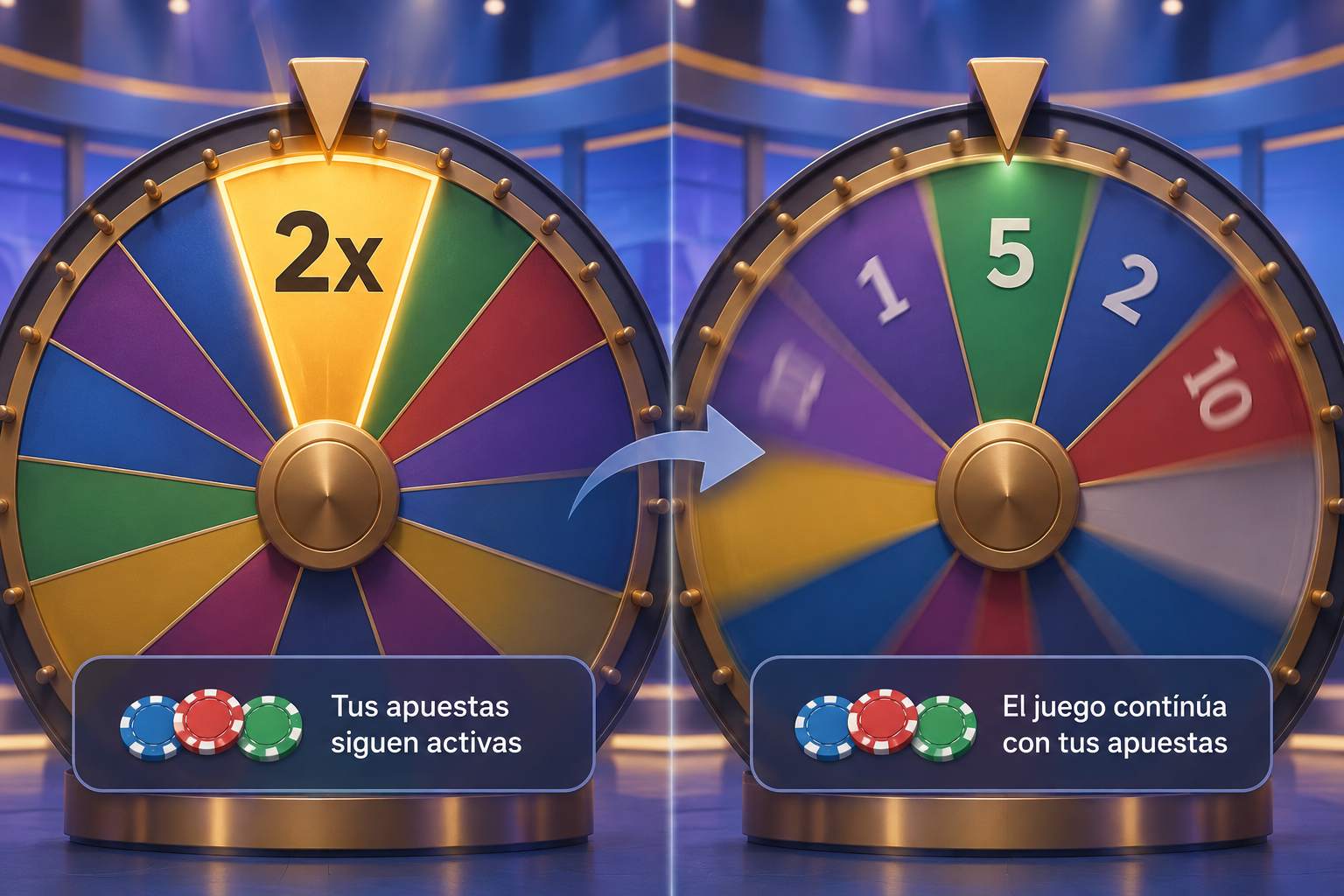 Secuencia ilustrada de una rueda de casino con multiplicador y giro posterior