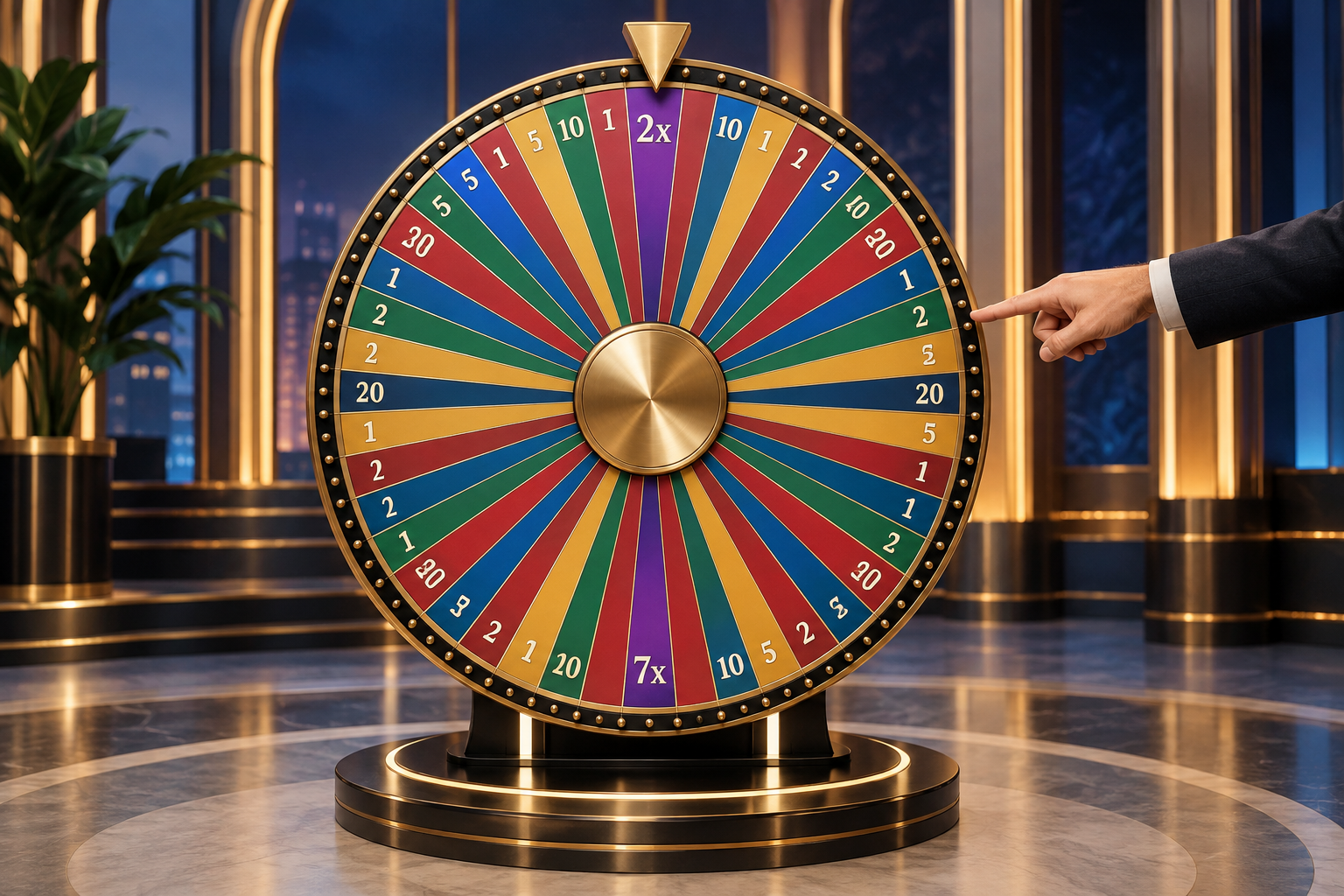 Rueda vertical de un game show de casino con segmentos numéricos y multiplicadores