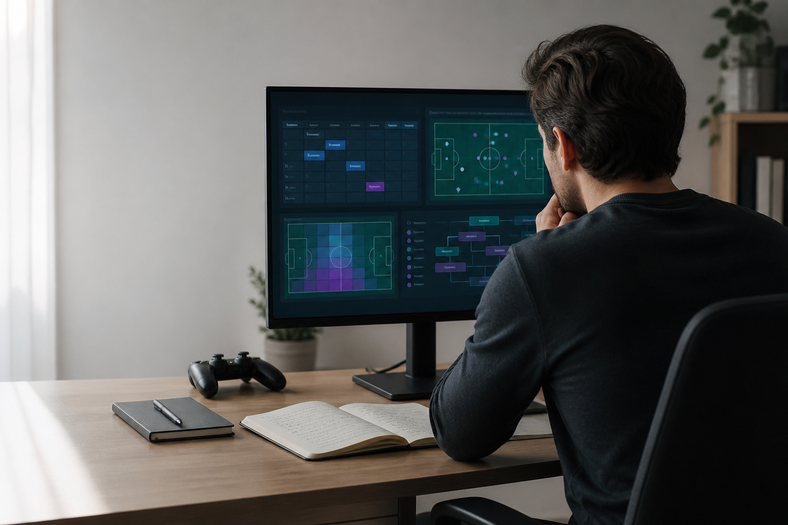 Persona adulta revisando el reglamento de una competición de fútbol virtual