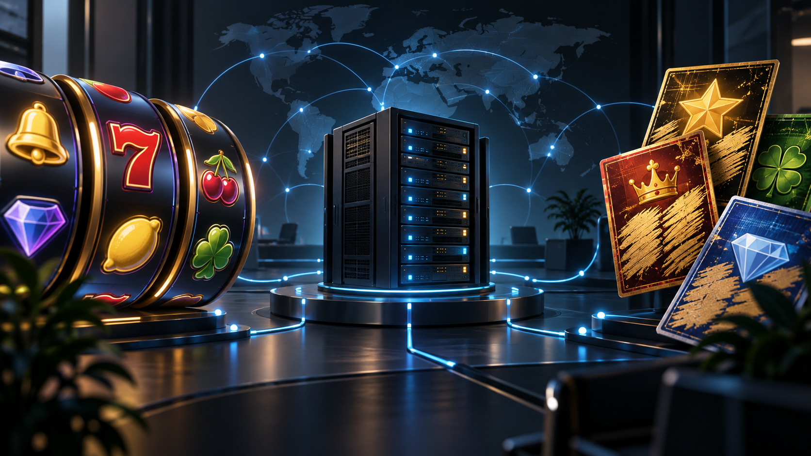 Ilustración editorial de un proveedor de juegos online con slots, scratchcards y tecnología de servidor remoto