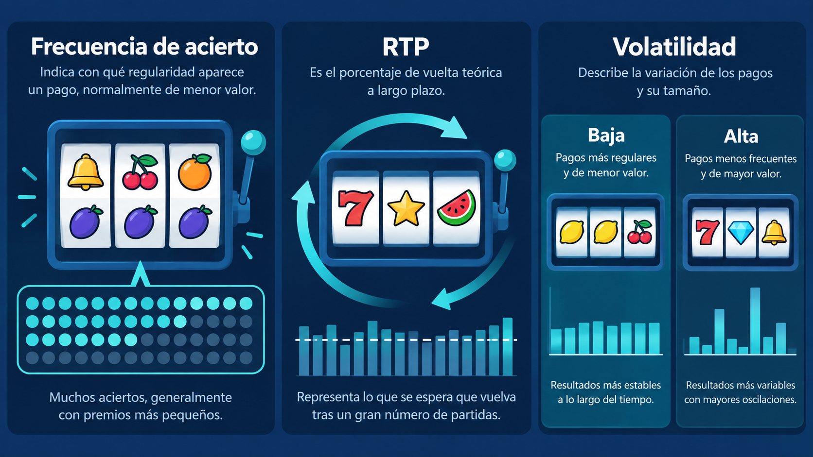 Comparación visual entre frecuencia de aciertos, RTP y volatilidad de una tragamonedas