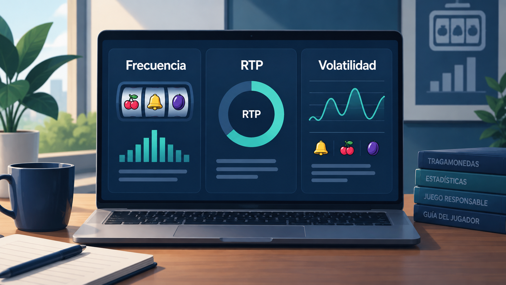 Ilustración de una ficha de tragamonedas con frecuencia de aciertos, RTP y volatilidad