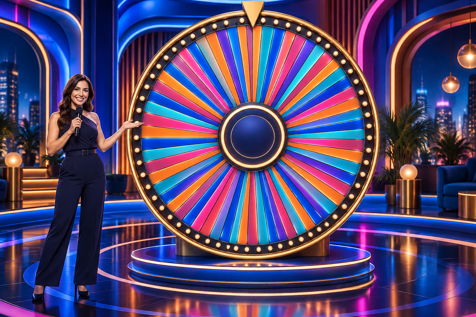 Rueda digital de un game show de casino en vivo con presentador
