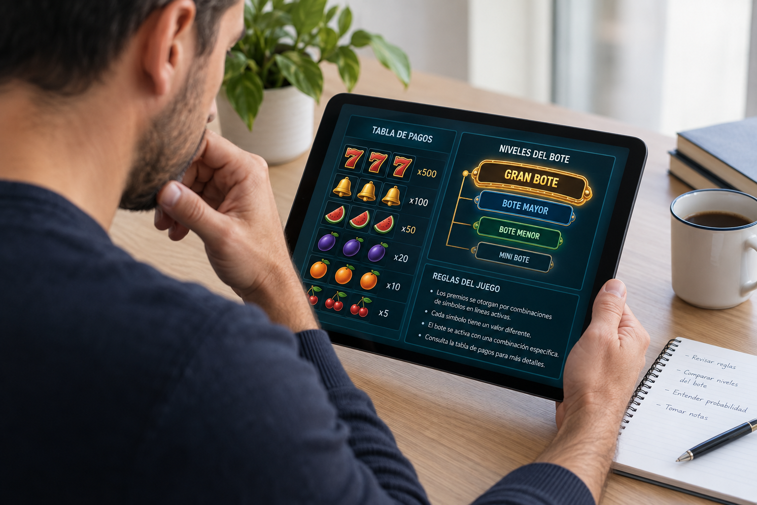 Persona adulta revisando las reglas y niveles de un jackpot en una tragamonedas