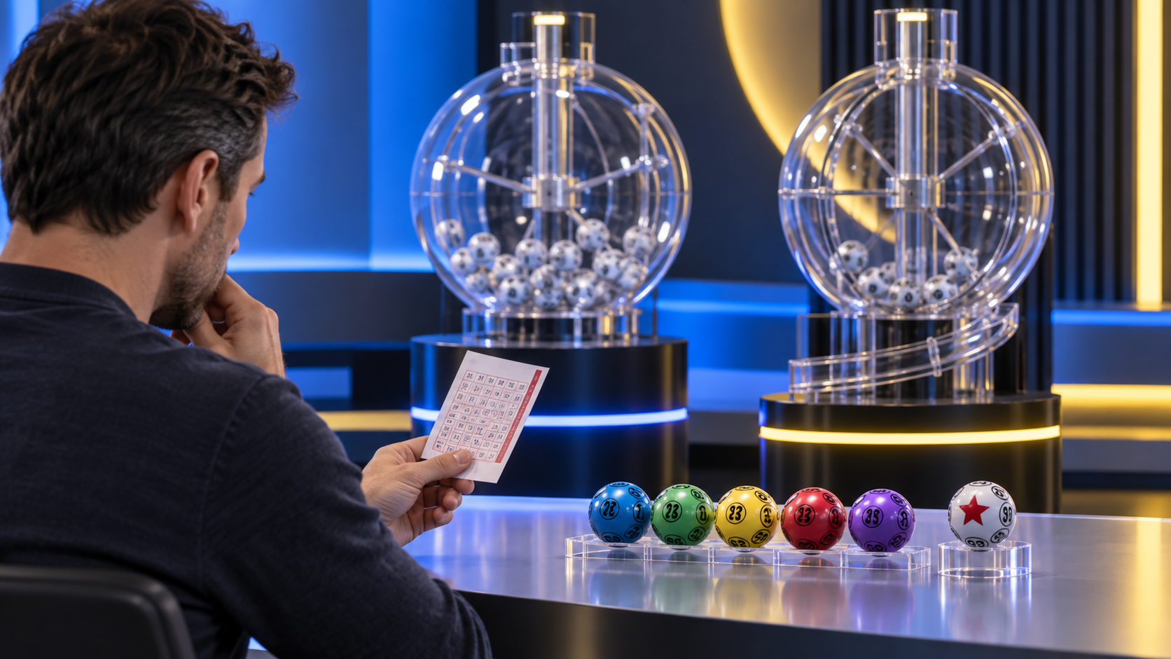 Boleto numerado junto a dos máquinas de bolas en un game show de casino en vivo