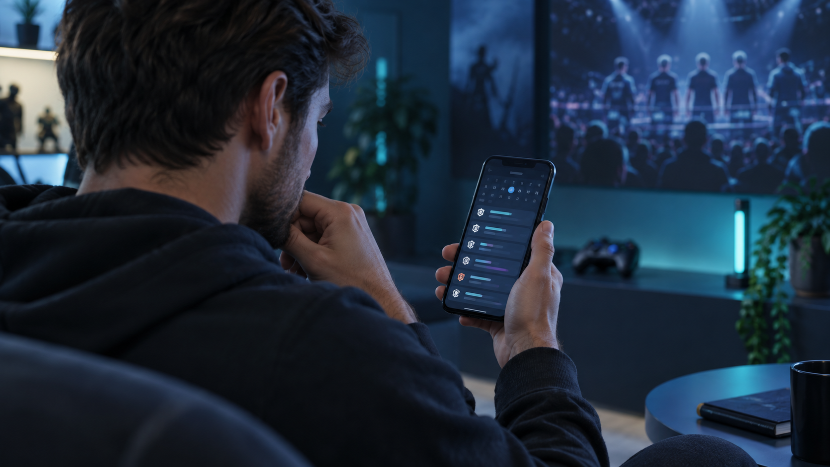 Persona adulta revisando un calendario de esports de Mobile Legends en un teléfono