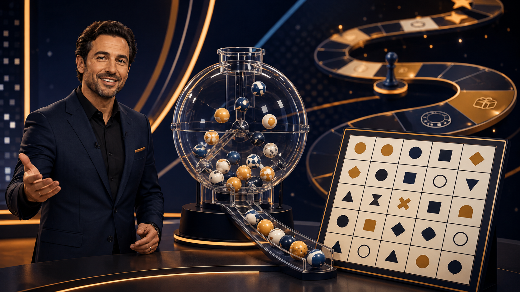 Presentador junto a una máquina de bolas y una tarjeta de bingo en un game show de casino en vivo