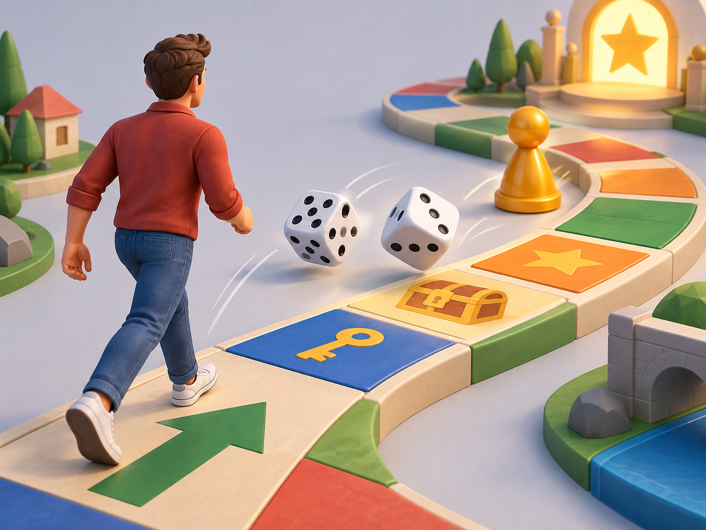 Ilustración de un bonus con dados y ficha avanzando por un tablero virtual