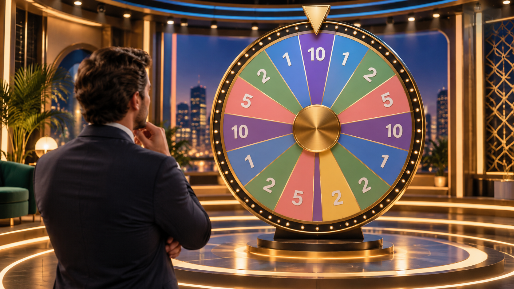 Rueda de un game show de casino en vivo con segmentos numerados y puntero superior