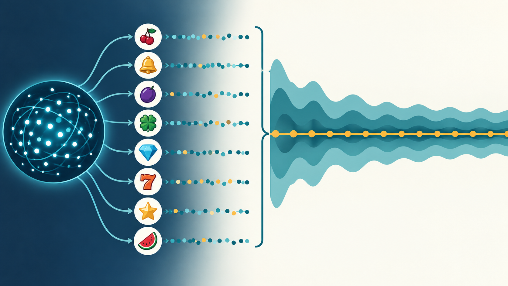 Diagrama conceptual sobre RNG, RTP y volatilidad en tragamonedas