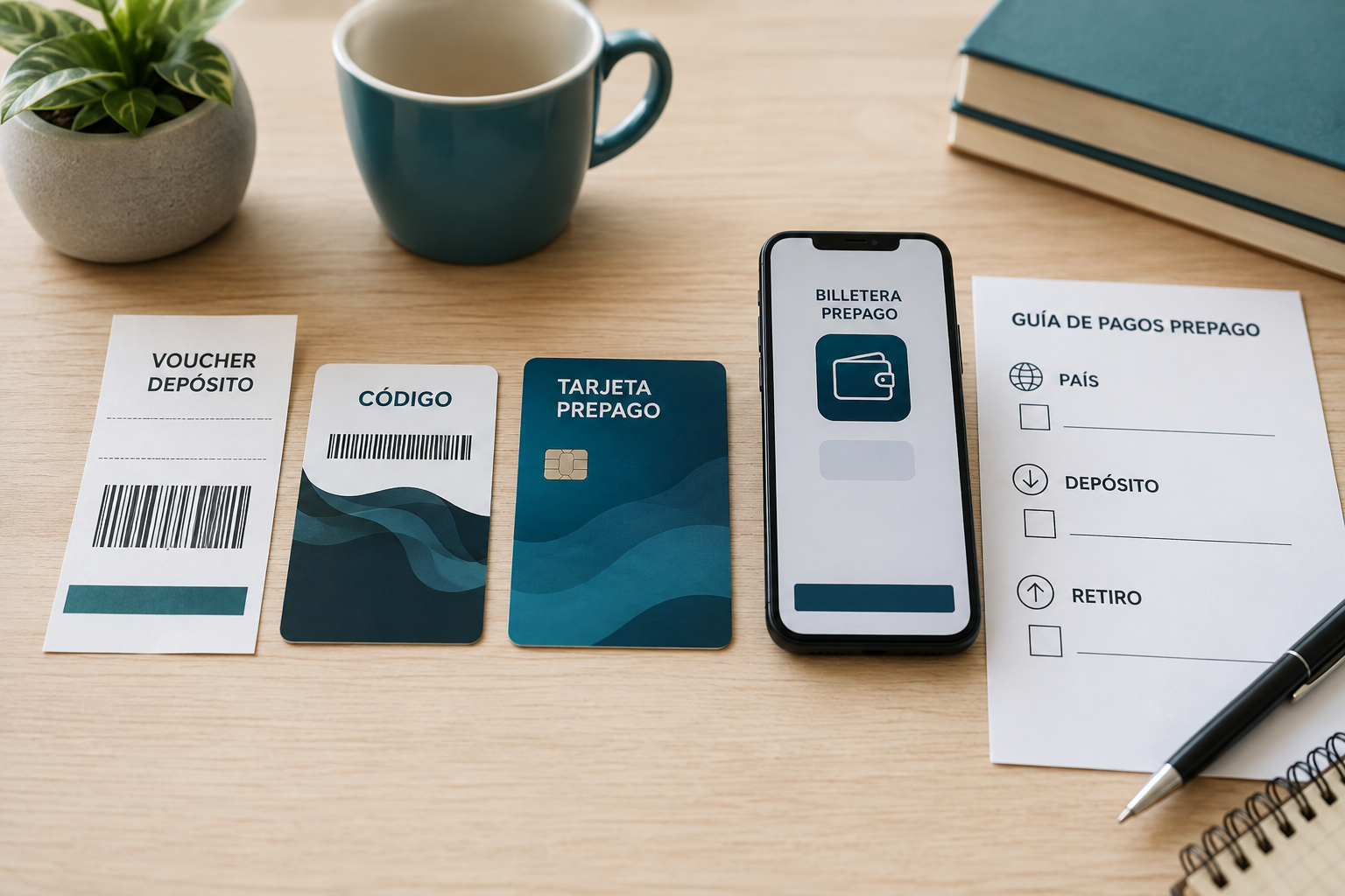 Comparación visual de voucher, tarjeta recargable y billetera prepago para pagos online