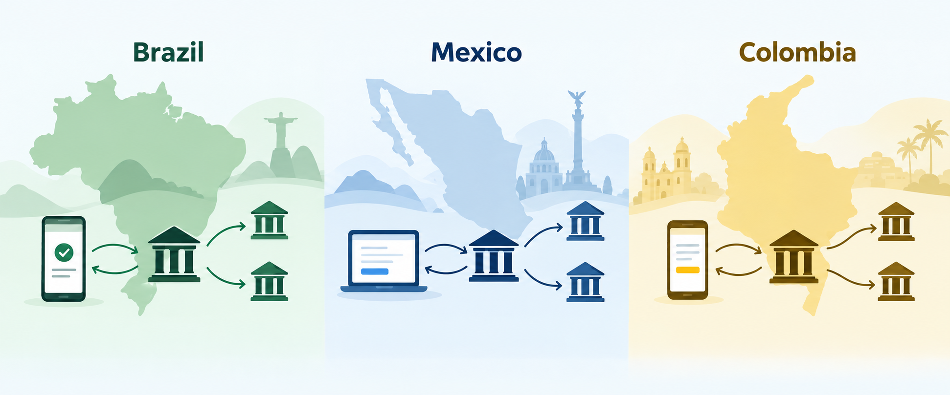 Comparación visual de sistemas de pago bancario de Brasil México y Colombia