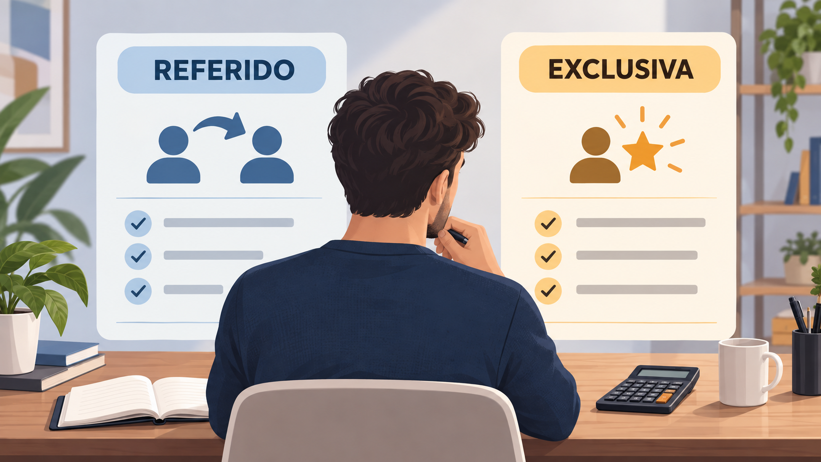Persona adulta comparando dos conjuntos de condiciones promocionales en una pantalla sin marcas