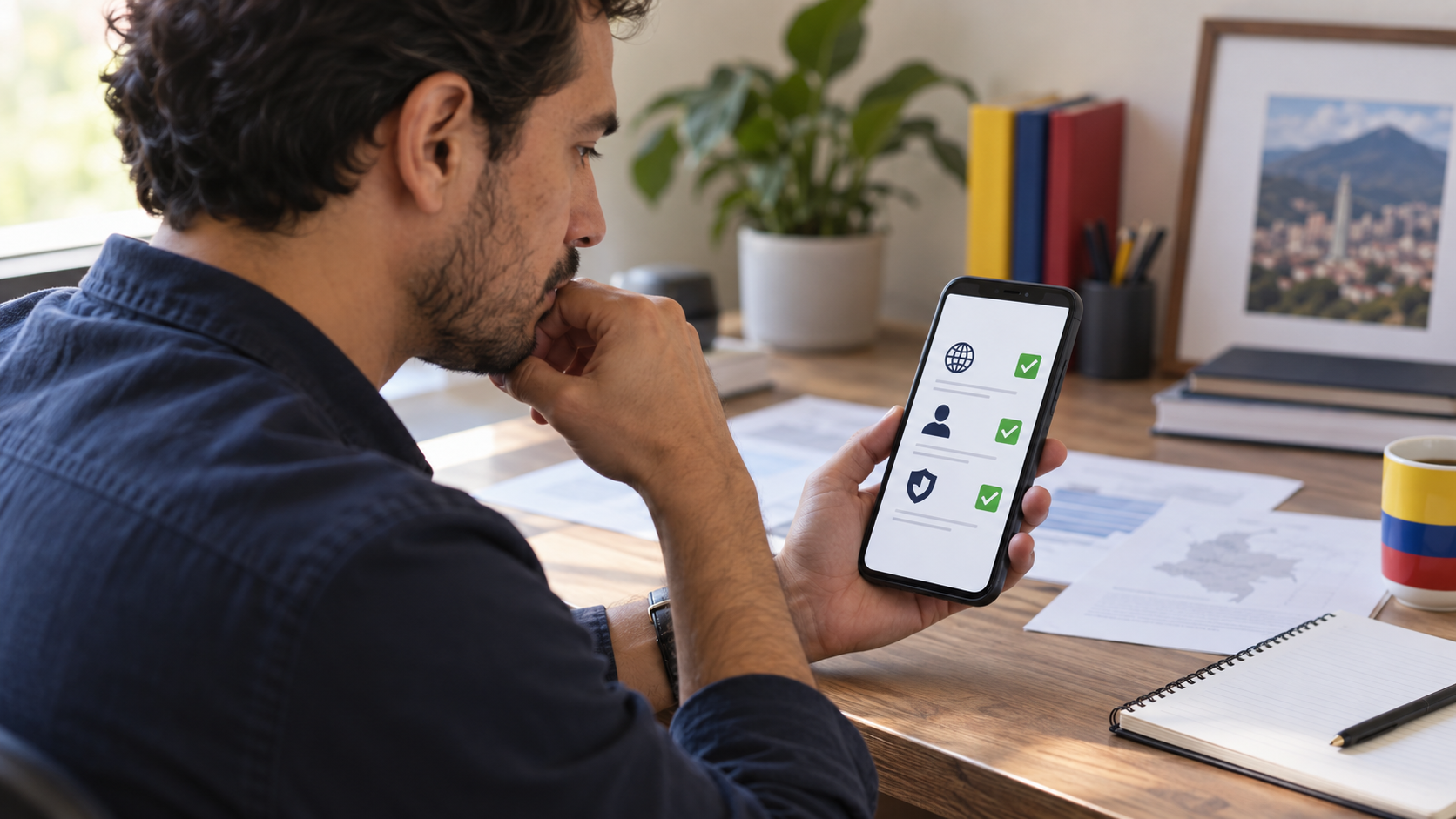 Persona adulta revisando en su movil los datos de un operador de apuestas en Colombia