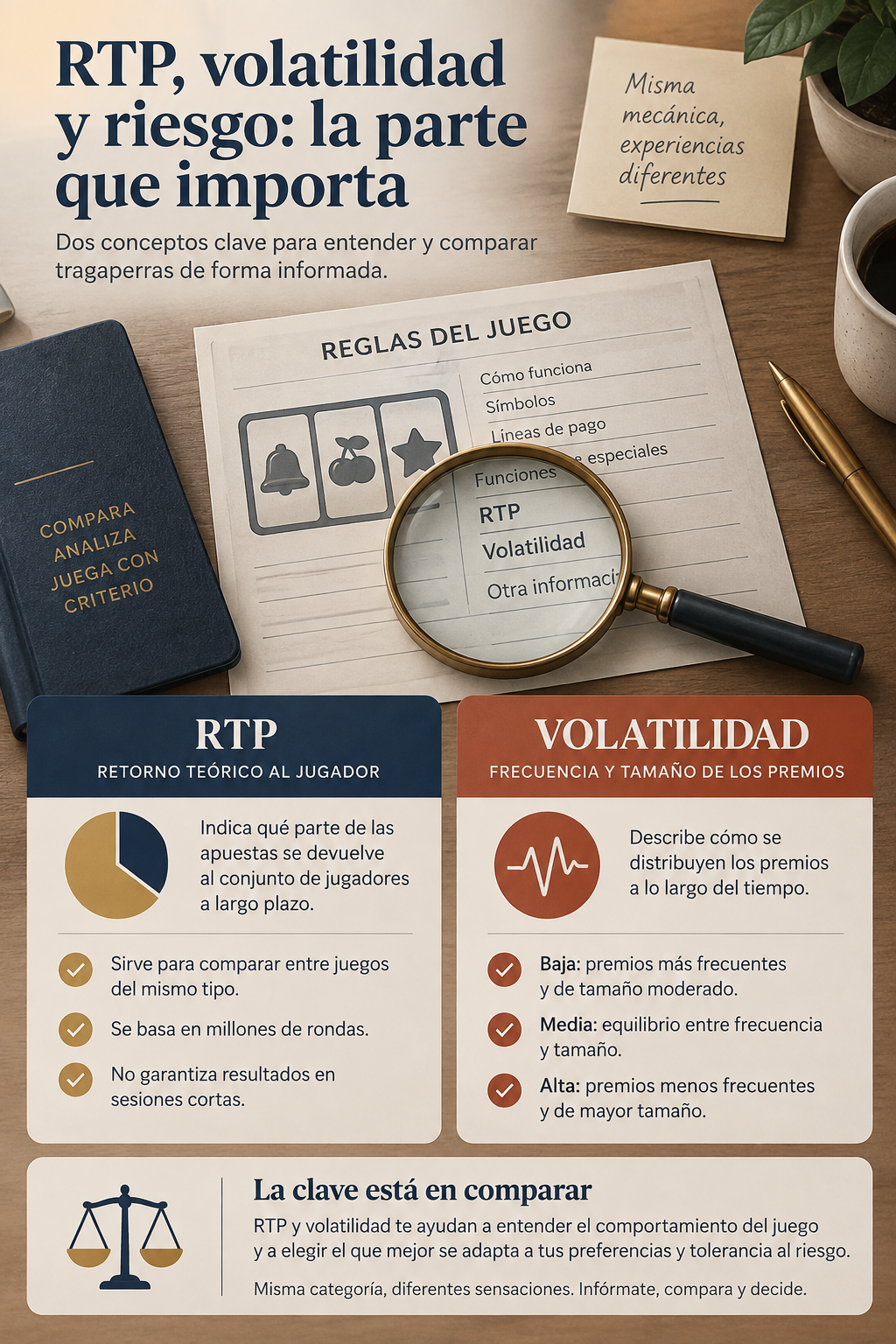 Grafico editorial que diferencia RTP y volatilidad en una tragamonedas