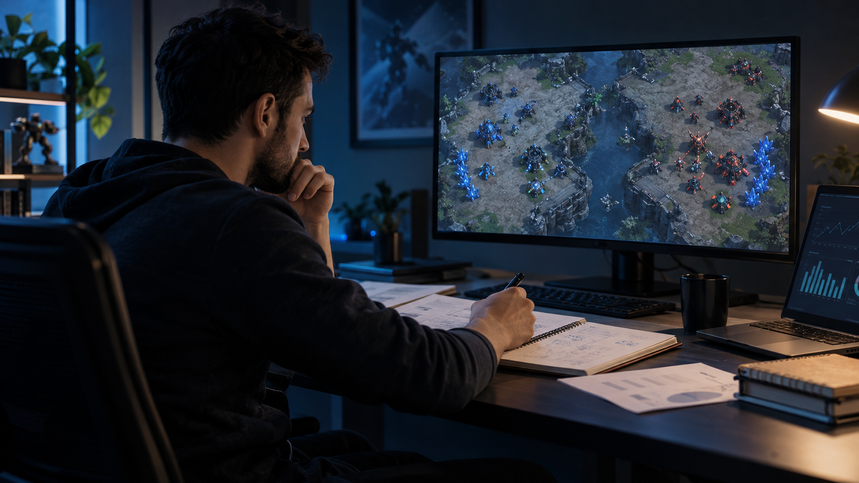 Persona adulta revisando datos y formato de una competición de StarCraft II