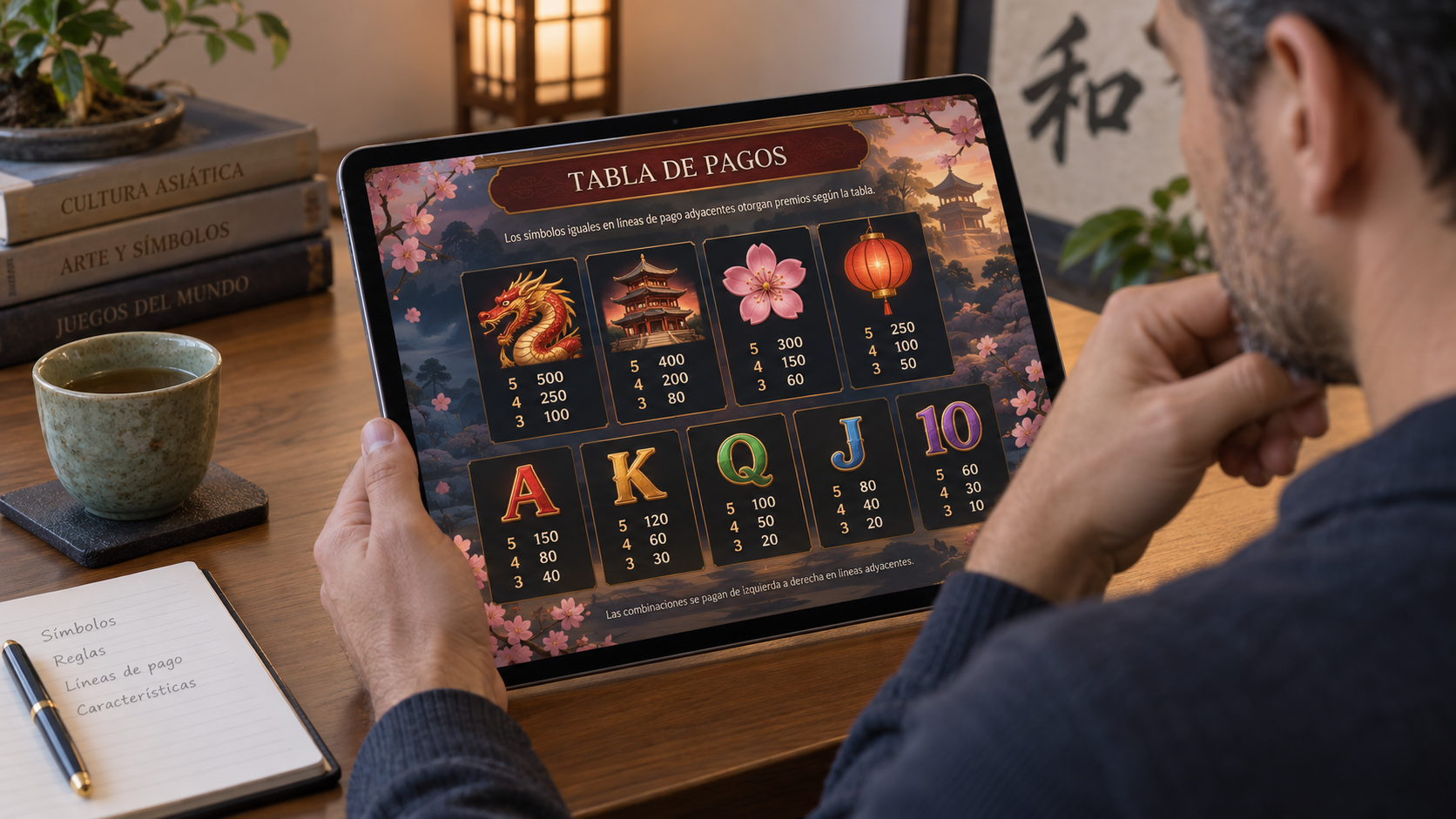 Persona adulta revisando la tabla de pagos de una tragamonedas tematica asiatica en una tableta