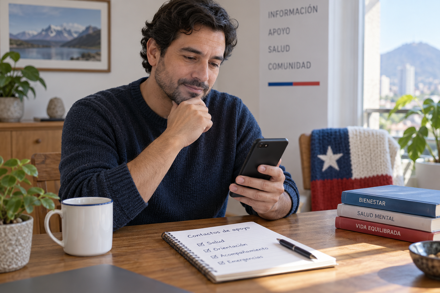 Persona adulta consultando recursos de ayuda en salud desde un teléfono