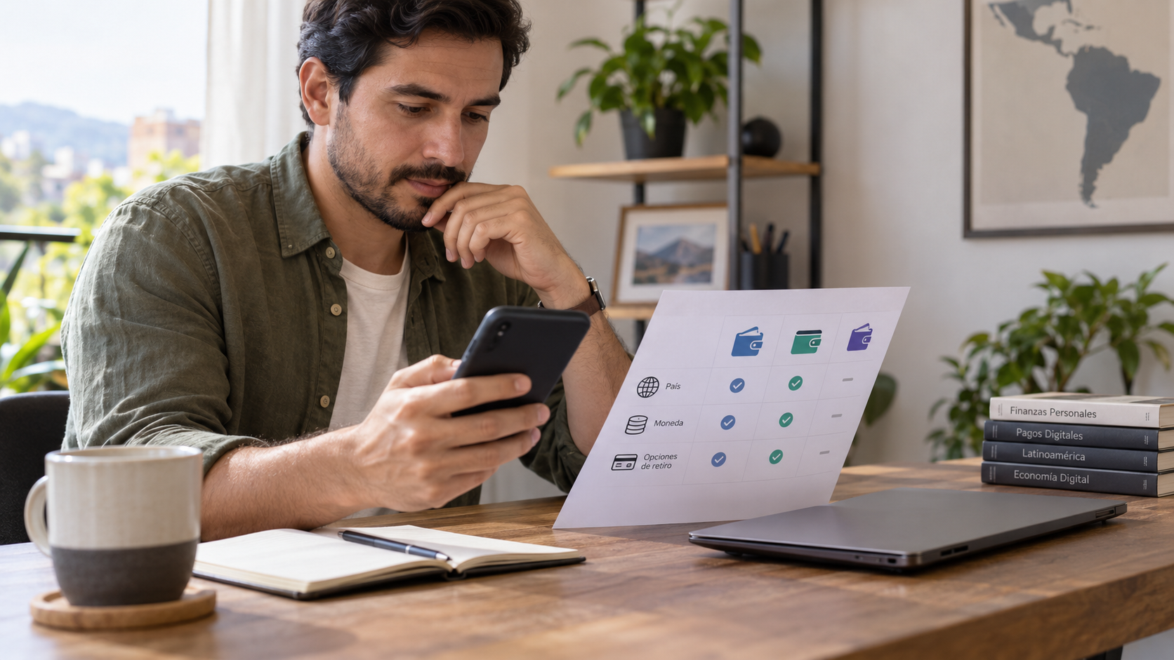 Persona adulta comparando billeteras digitales y opciones de retirada desde un móvil