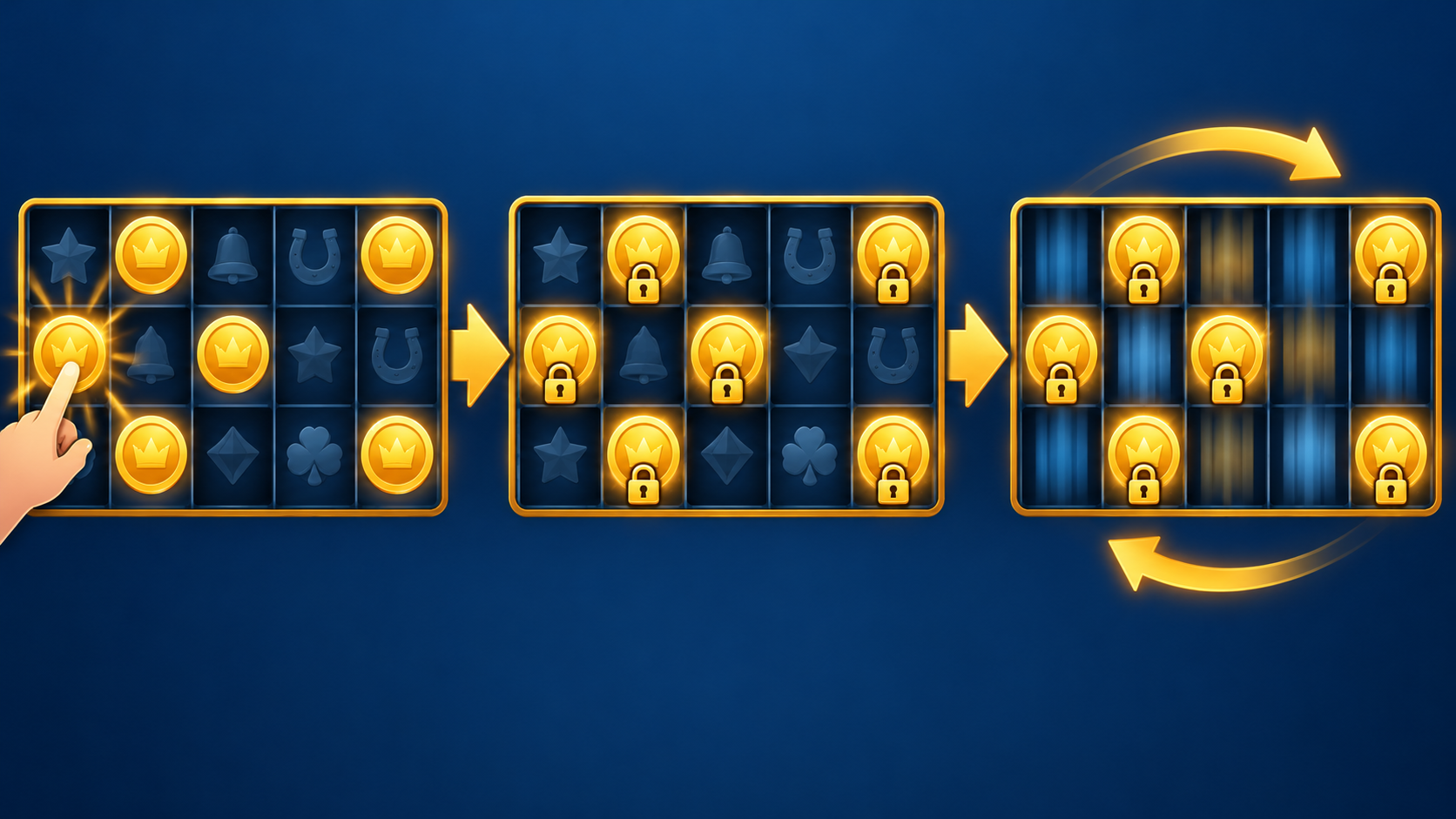 Diagrama de una ronda Hold and Win con símbolos retenidos y nuevos respins