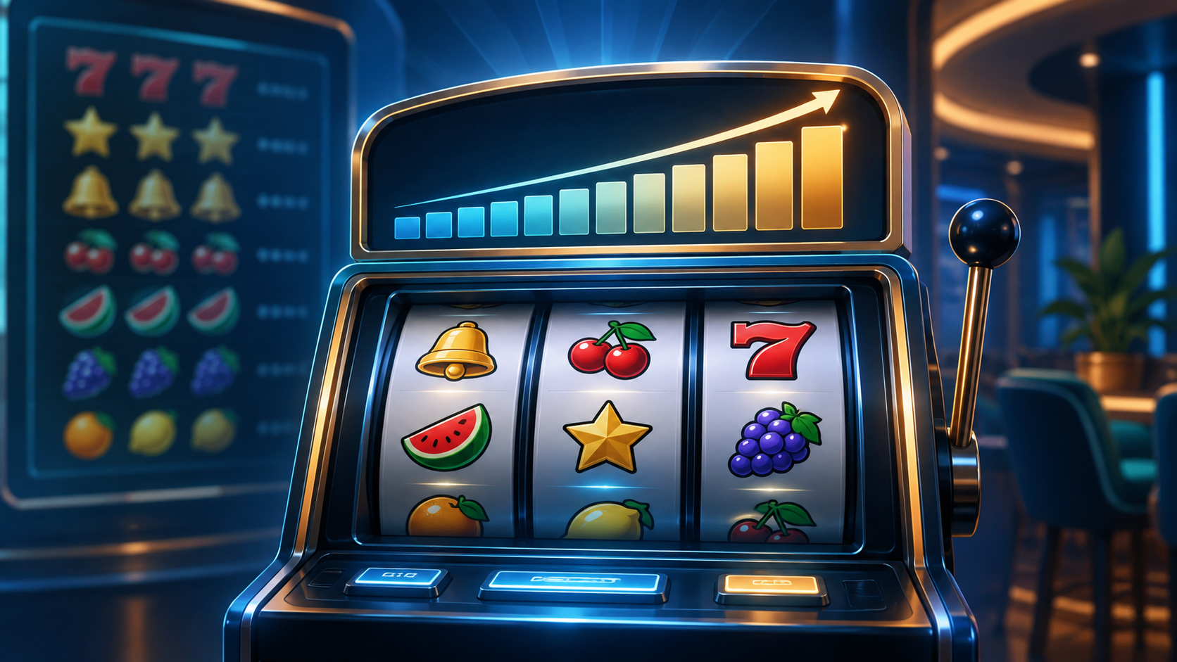 Ilustración de un jackpot progresivo en una tragamonedas y su tabla de reglas