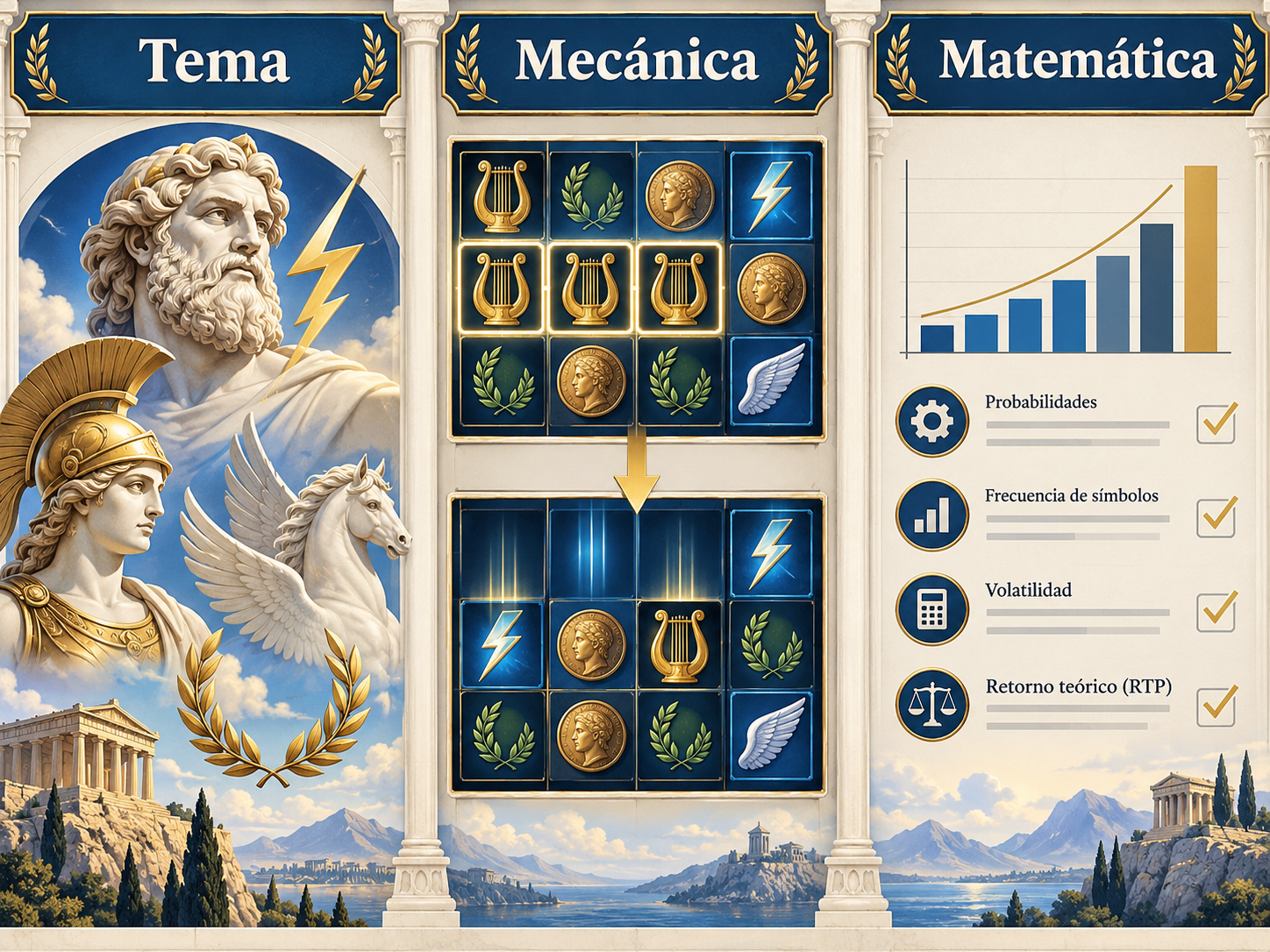 Esquema que diferencia tema, mecánica y configuración en una tragamonedas