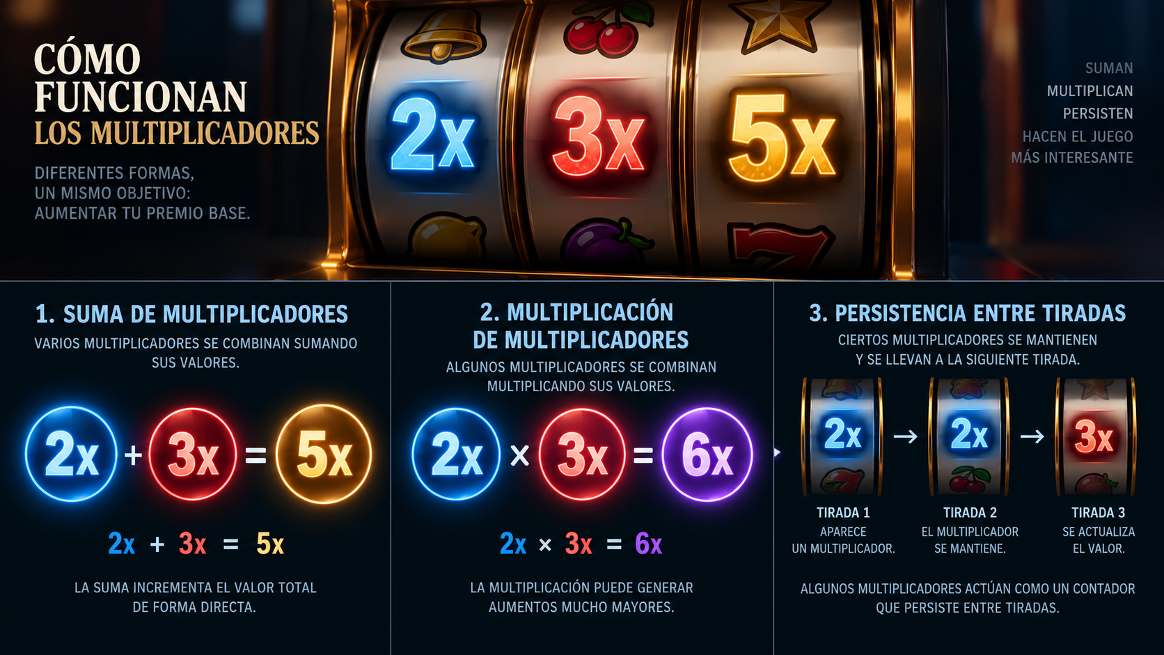 Diagrama conceptual de suma, producto y persistencia de multiplicadores en tragamonedas