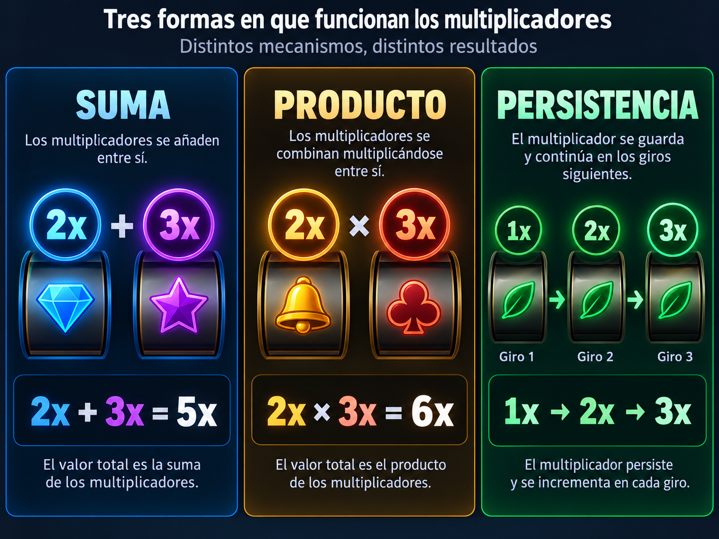 Comparación visual entre multiplicadores que se suman, se multiplican o persisten