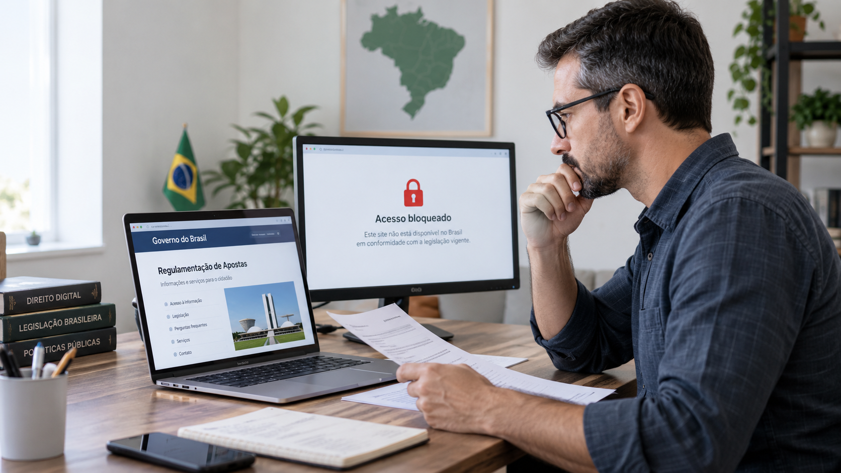 Persona adulta consultando el estado legal de una plataforma de apuestas en Brasil